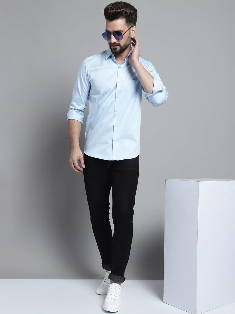 Indian Needle JAINISH Men's Satin Solid Casual Shirt in Light Blue - Image 4