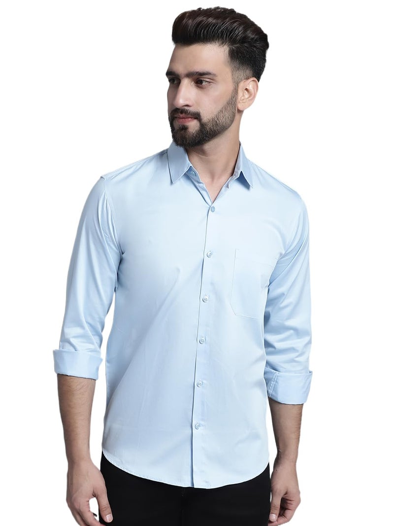 Indian Needle JAINISH Men's Satin Solid Casual Shirt in Light Blue - Image 1