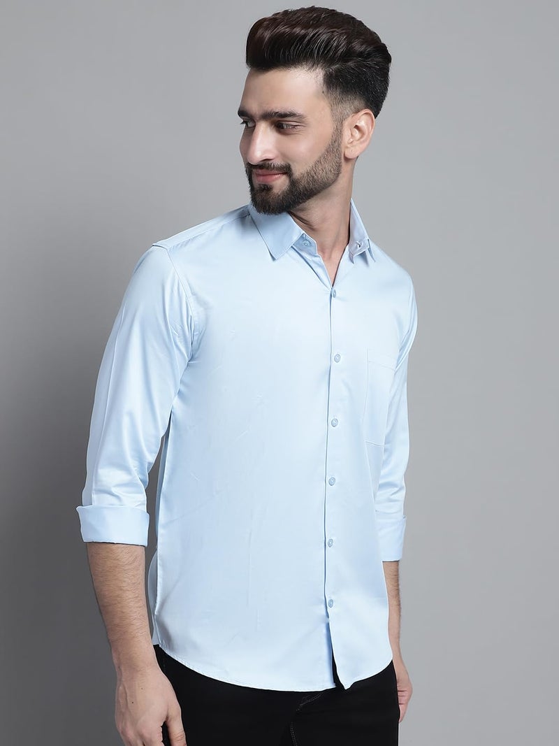 Indian Needle JAINISH Men's Satin Solid Casual Shirt in Light Blue - Image 5
