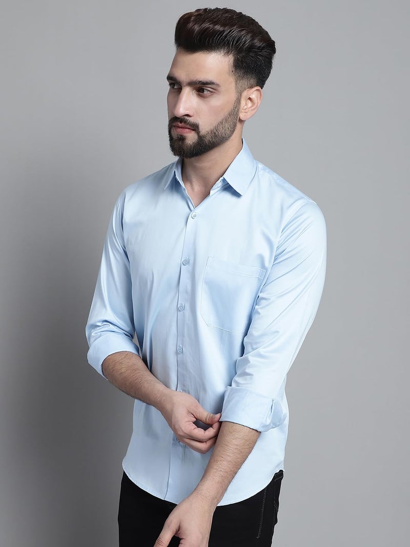 Indian Needle JAINISH Men's Satin Solid Casual Shirt in Light Blue - Image 3
