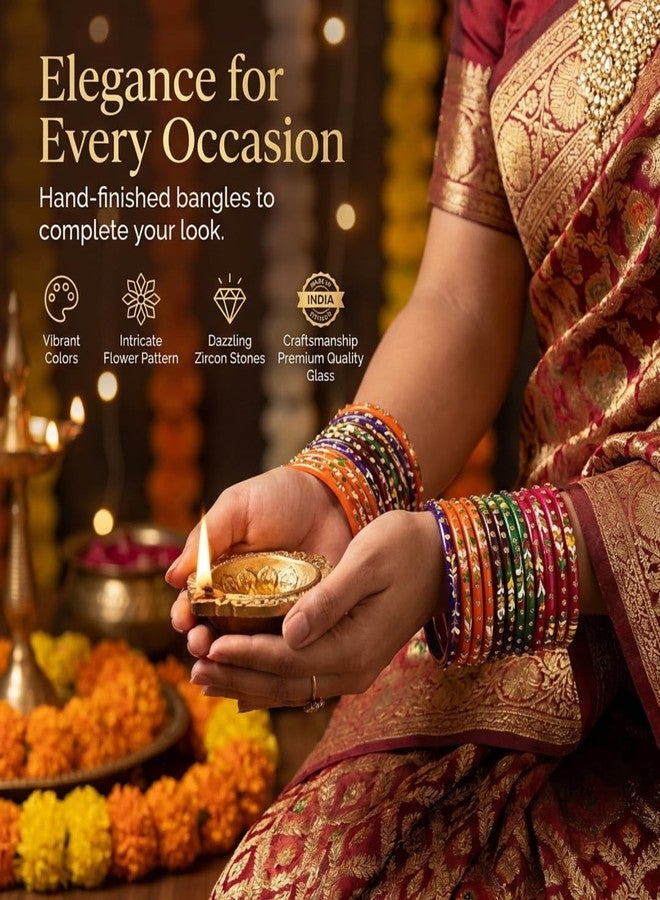 NMII Glass with Zircon Gemstone Studded worked and Flower Pattern Glossy Finished Kada Set For Women and Girls, (MultiColour_2.8 Inches), Pack Of 24 Kada Set - Image 3