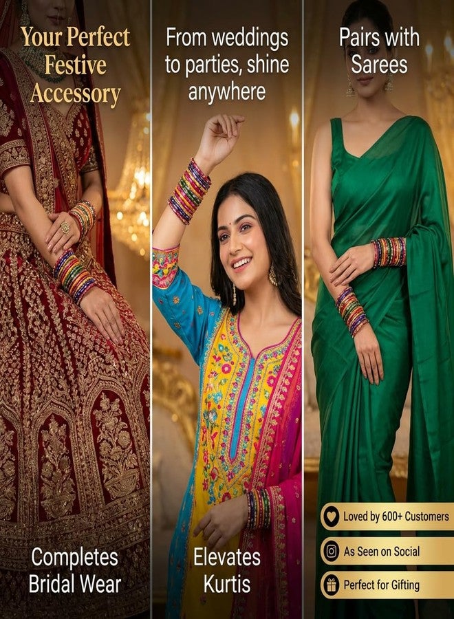 NMII Glass with Zircon Gemstone Studded worked and Flower Pattern Glossy Finished Kada Set For Women and Girls, (MultiColour_2.8 Inches), Pack Of 24 Kada Set - Image 4