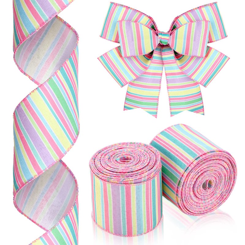 2 Rolls 20 Yards Spring Wired Edge Ribbon Horizontal Stripe Wired Edge Pastel Stripe Canvas Ribbon Spring Decorative Craft for Wrapping Easter Christmas Party Crafting