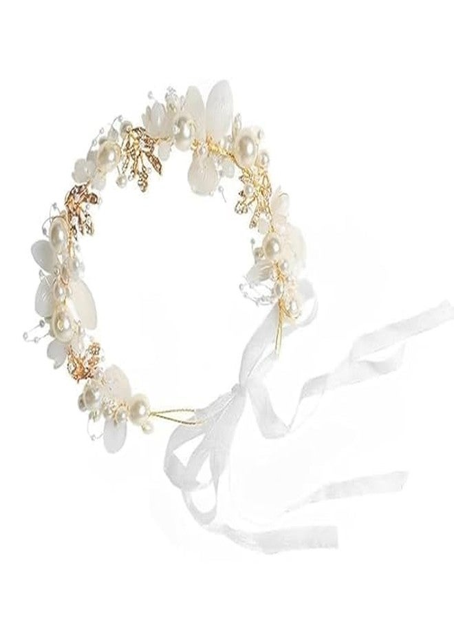 BuntyChiku Flower Crown for Girls Women, Tiara for Girls Kids 6+ Years Old, Pearl Tiara for Women Bridal, Gold Princess Crown for Party Dress Up, Wedding Hair Accessories - Image 1