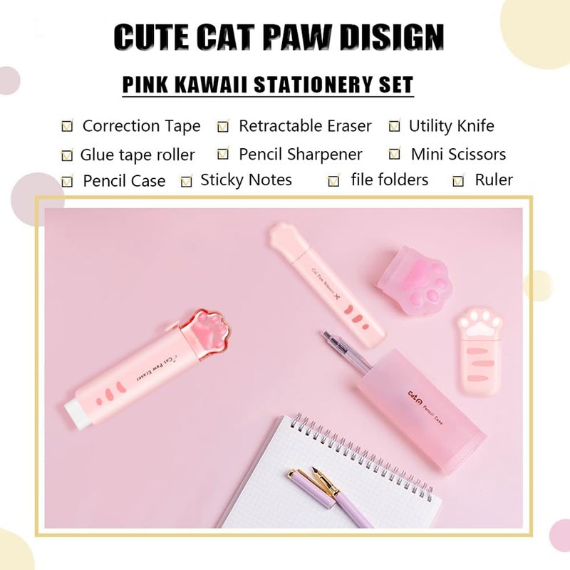 Daphilly Cute School Supplies,Stationary Gift Set, Japanese Stationery Birthday GIFS, Includes Pencil Sharpener,Eraser, Correction Tape, Ruler, Mini Scissors,Utility Knife, for Office School Supplies (Pink) - Image 2