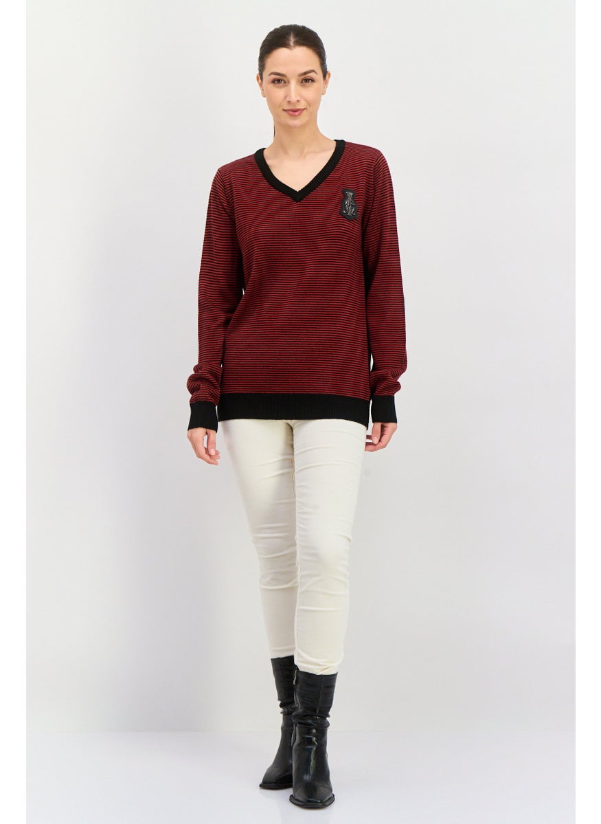 CHRISTIAN AUDIGIER Women V-Neck Stripe Long Sleeves Sweater, Red  - Image 2