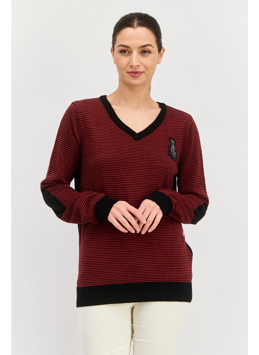 CHRISTIAN AUDIGIER Women V-Neck Stripe Long Sleeves Sweater, Red  - Image 1