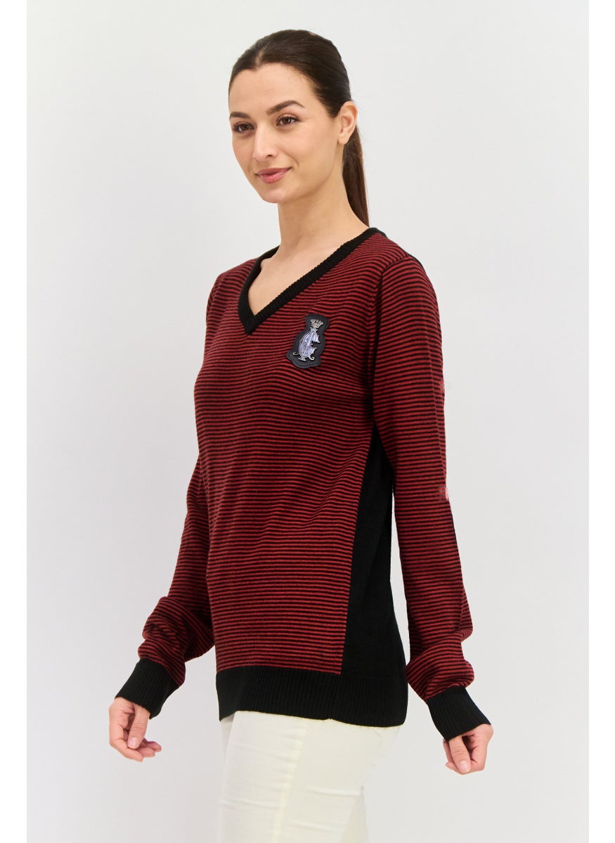 CHRISTIAN AUDIGIER Women V-Neck Stripe Long Sleeves Sweater, Red  - Image 4