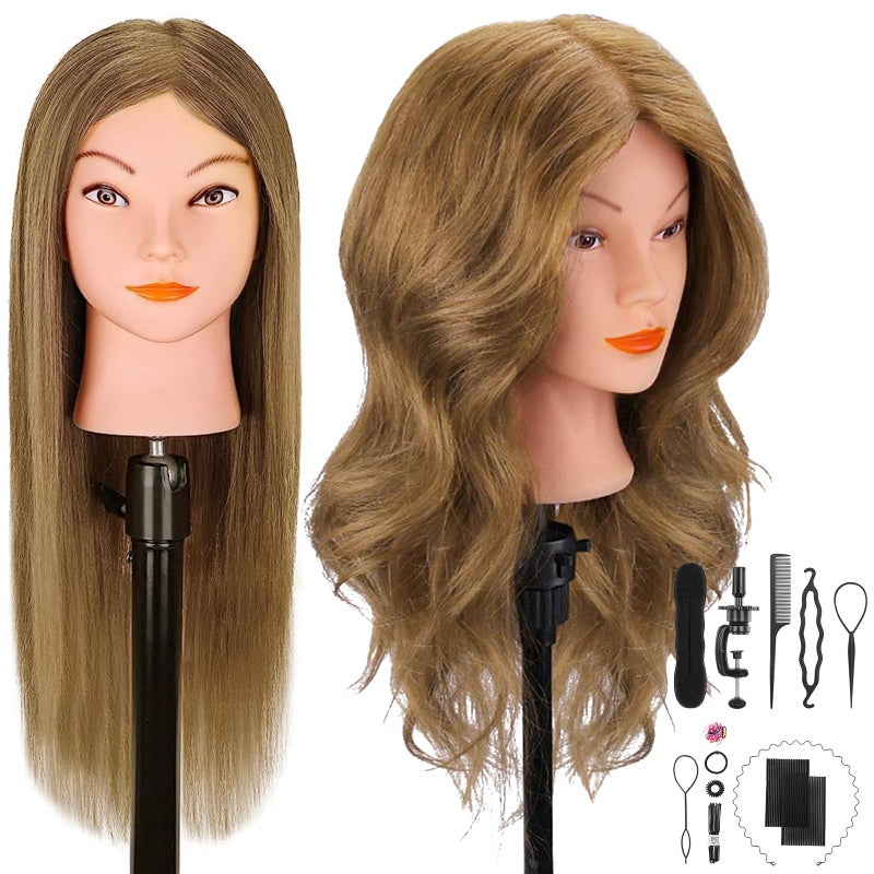 Mannequin Head with 100 Real Hair for Cosmetology CENOZ 18 Light Brown Hairdresser Training Head with Clamp Holder and Tool Doll Head Mannequin Head for Hair Styling Practice