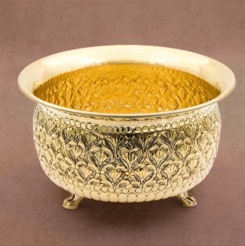 Bhimonee Decor Carving Bowl 6" | 430 gm Decorative Brass Bowl with Stand | Home Decor, Pooja & Gifting | Brass | Gold - Image 1
