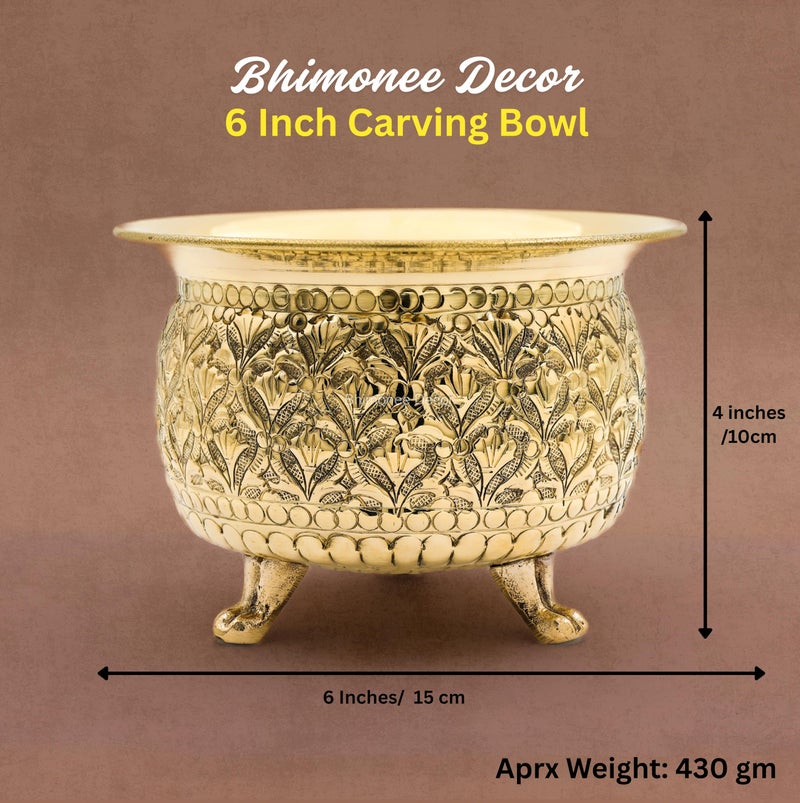 Bhimonee Decor Carving Bowl 6" | 430 gm Decorative Brass Bowl with Stand | Home Decor, Pooja & Gifting | Brass | Gold - Image 4