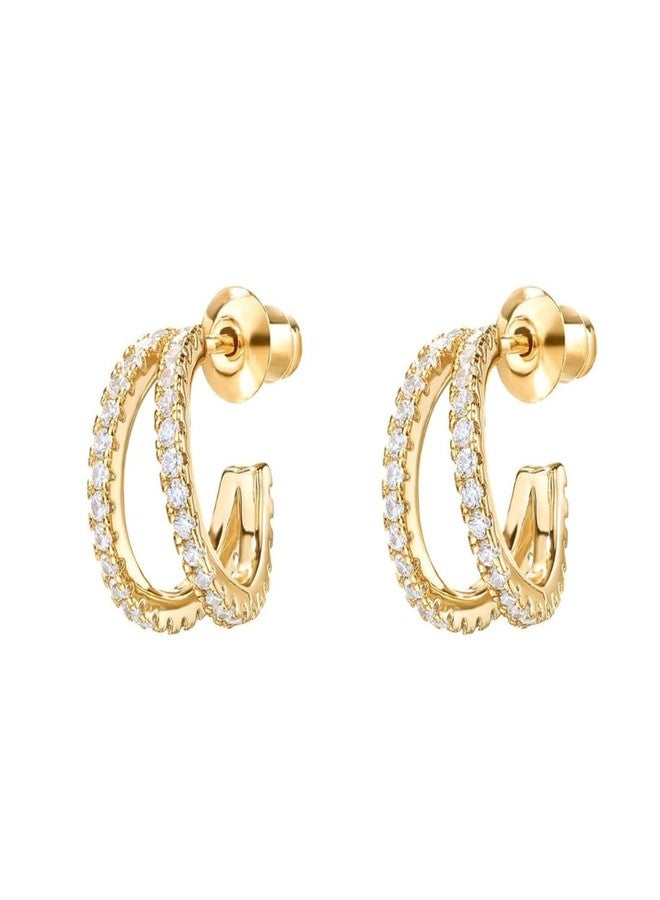 Aaishwarya 14K Gold Plated Double Half Hoop Earrings with Zircon Stones| Water-Resistant Anti-Tarnish Jewels | Jewelry Gift for Women and Girls | Lightweight & Everyday wear Earrings - Image 1