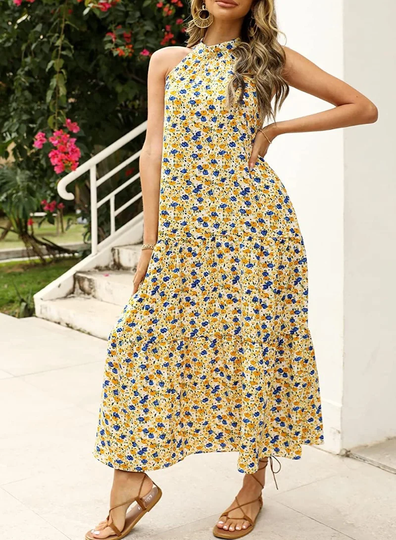 YUNIQEE Yellow Floral Printed Sleeveless Tiered Maxi Dress