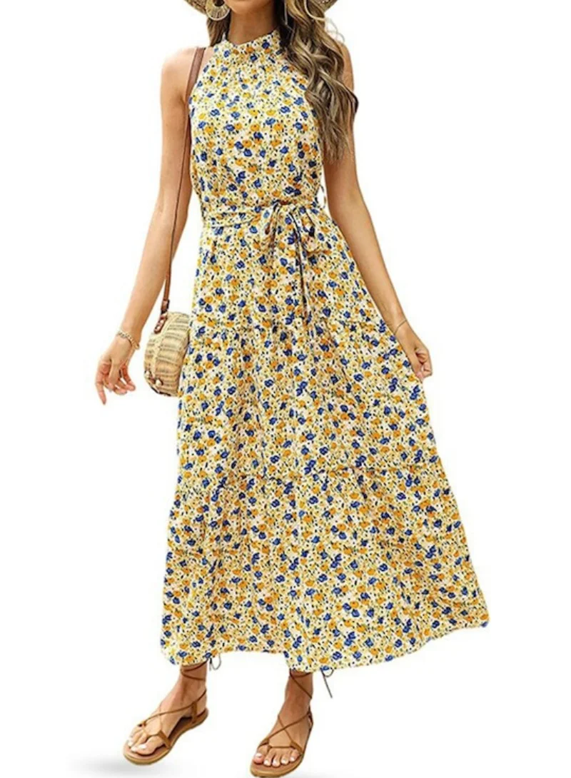 YUNIQEE Yellow Floral Printed Sleeveless Tiered Maxi Dress