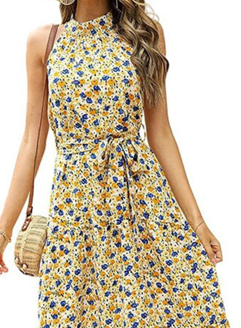 YUNIQEE Yellow Floral Printed Sleeveless Tiered Maxi Dress