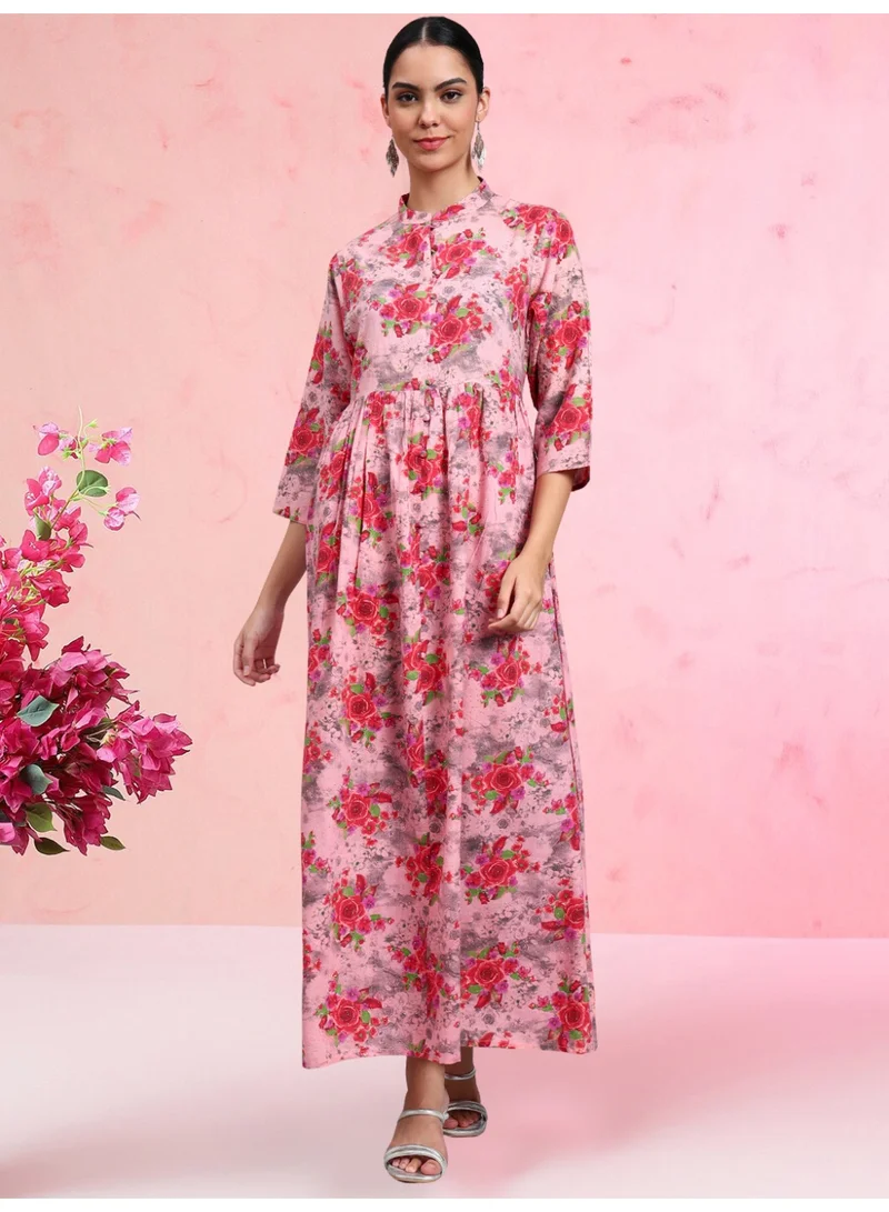 Women Floral Printed Cotton Jalabiya with Mandarin Collar & Three-Quarter Sleeves-AL4009