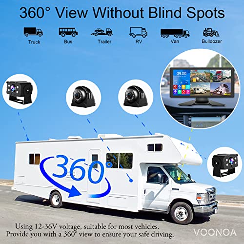 VOONOA 4K RV Backup Camera System 10.36" Quad Split Touch Screen Monitor with 4 1080P Rear Side View Camera, DVR Recording Bluetooth MP3 MP5 IP69 Waterproof Night Vision for RV Truck Trailer Tractor - Image 4