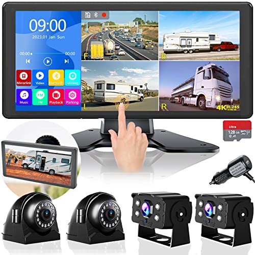 VOONOA 4K RV Backup Camera System 10.36" Quad Split Touch Screen Monitor with 4 1080P Rear Side View Camera, DVR Recording Bluetooth MP3 MP5 IP69 Waterproof Night Vision for RV Truck Trailer Tractor - Image 1