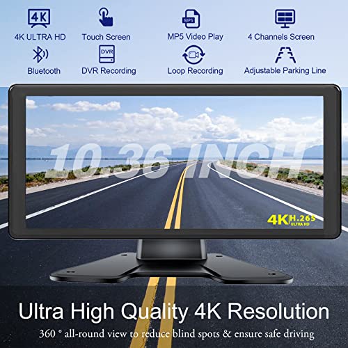 VOONOA 4K RV Backup Camera System 10.36" Quad Split Touch Screen Monitor with 4 1080P Rear Side View Camera, DVR Recording Bluetooth MP3 MP5 IP69 Waterproof Night Vision for RV Truck Trailer Tractor - Image 2