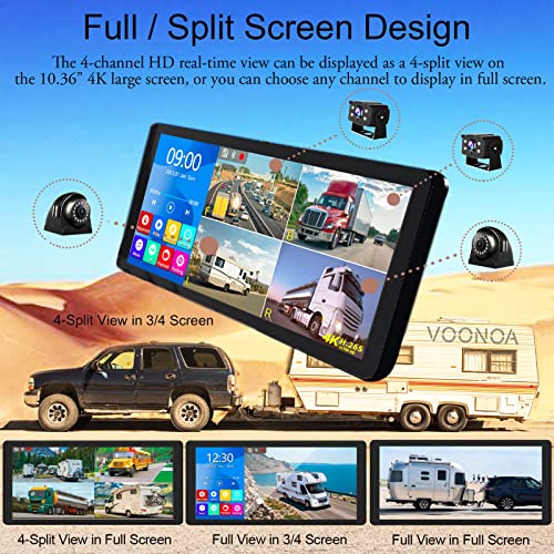 VOONOA 4K RV Backup Camera System 10.36" Quad Split Touch Screen Monitor with 4 1080P Rear Side View Camera, DVR Recording Bluetooth MP3 MP5 IP69 Waterproof Night Vision for RV Truck Trailer Tractor - Image 3