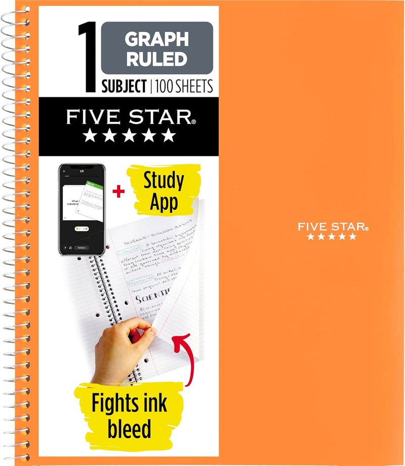 Five Star Spiral Notebook + Study App, 1 Subject, Graph Ruled Paper, 8-1/2" x 11", 100 Sheets, Fights Ink Bleed, Water Resistant Cover, Sedona Orange (620000CD1) - Image 1