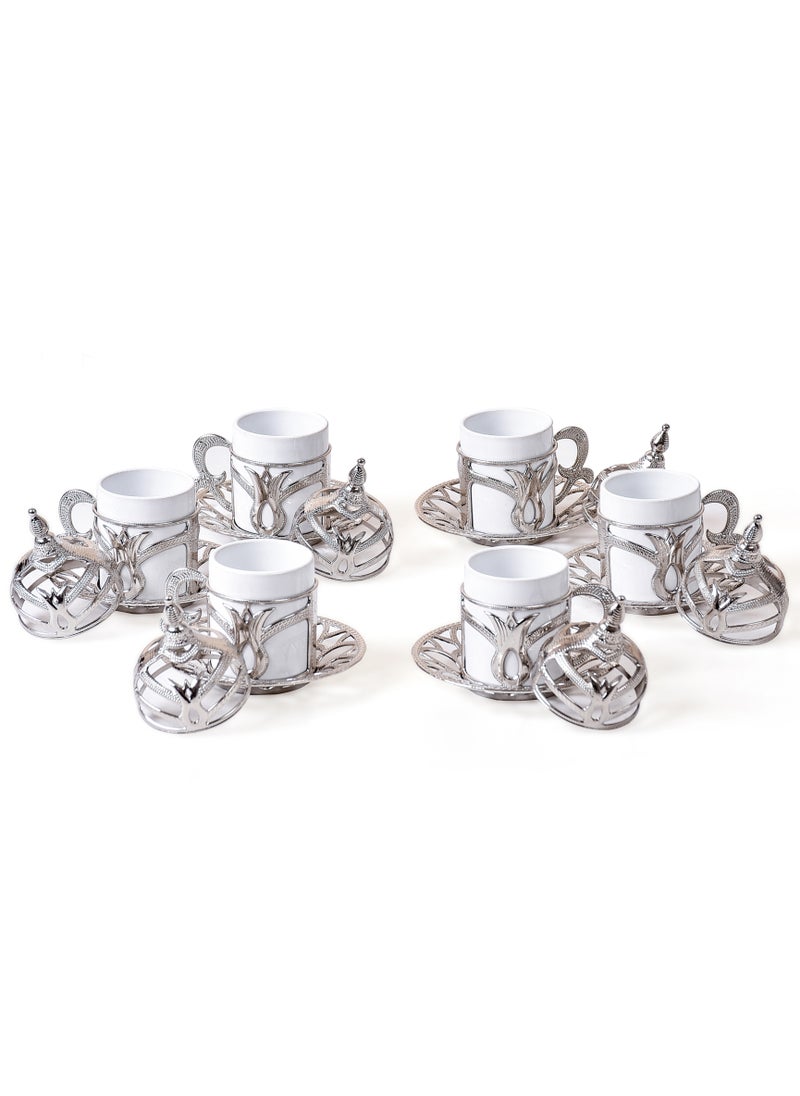 kitchen art A silver coffee cup set, a Turkish coffee cup set (6 porcelain pieces and 6 luxury holders (made of zinc), made in Istanbul, Turkey.  - Image 1