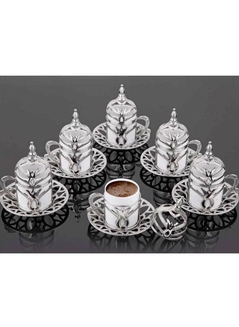 kitchen art A silver coffee cup set, a Turkish coffee cup set (6 porcelain pieces and 6 luxury holders (made of zinc), made in Istanbul, Turkey.  - Image 2