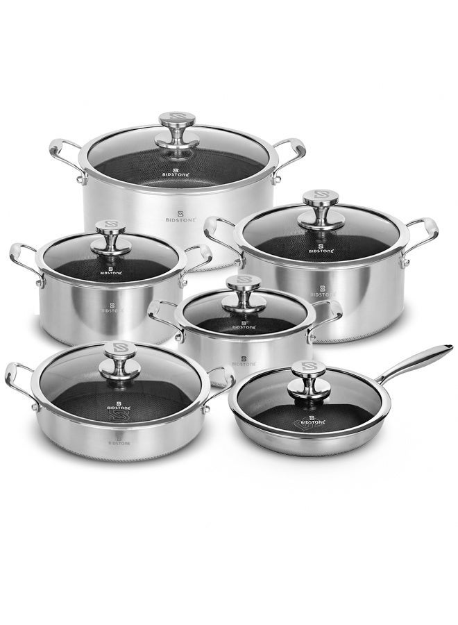 Bidstone 12‑Piece Family‑Size 32/28/24/20 cm Casseroles set 28 cm Shallow pot + 24cm Frypan with Glass lid | Honeycomb Anti‑Scorching Design | Durable Non‑Stick Heavy‑Duty Stainless Steel Pots - Image 1