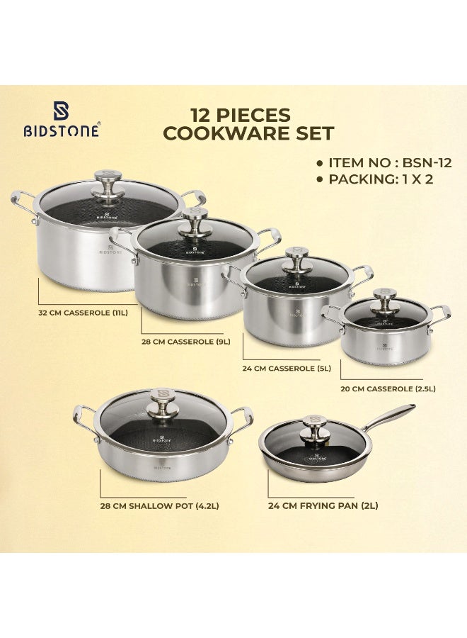 Bidstone 12‑Piece Family‑Size 32/28/24/20 cm Casseroles set 28 cm Shallow pot + 24cm Frypan with Glass lid | Honeycomb Anti‑Scorching Design | Durable Non‑Stick Heavy‑Duty Stainless Steel Pots - Image 2