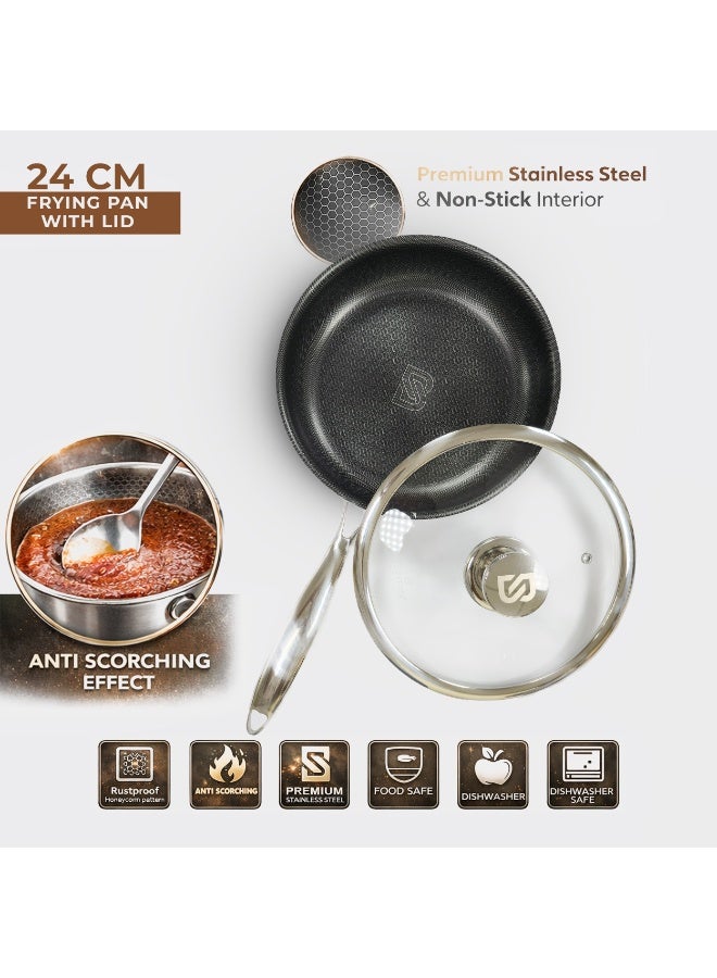 Bidstone 12‑Piece Family‑Size 32/28/24/20 cm Casseroles set 28 cm Shallow pot + 24cm Frypan with Glass lid | Honeycomb Anti‑Scorching Design | Durable Non‑Stick Heavy‑Duty Stainless Steel Pots - Image 4