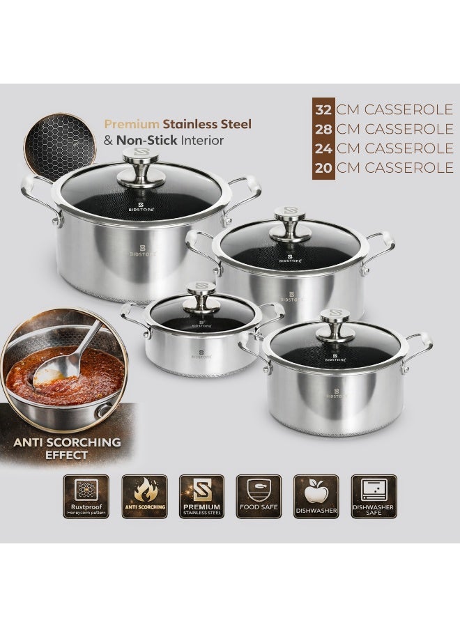 Bidstone 12‑Piece Family‑Size 32/28/24/20 cm Casseroles set 28 cm Shallow pot + 24cm Frypan with Glass lid | Honeycomb Anti‑Scorching Design | Durable Non‑Stick Heavy‑Duty Stainless Steel Pots - Image 3