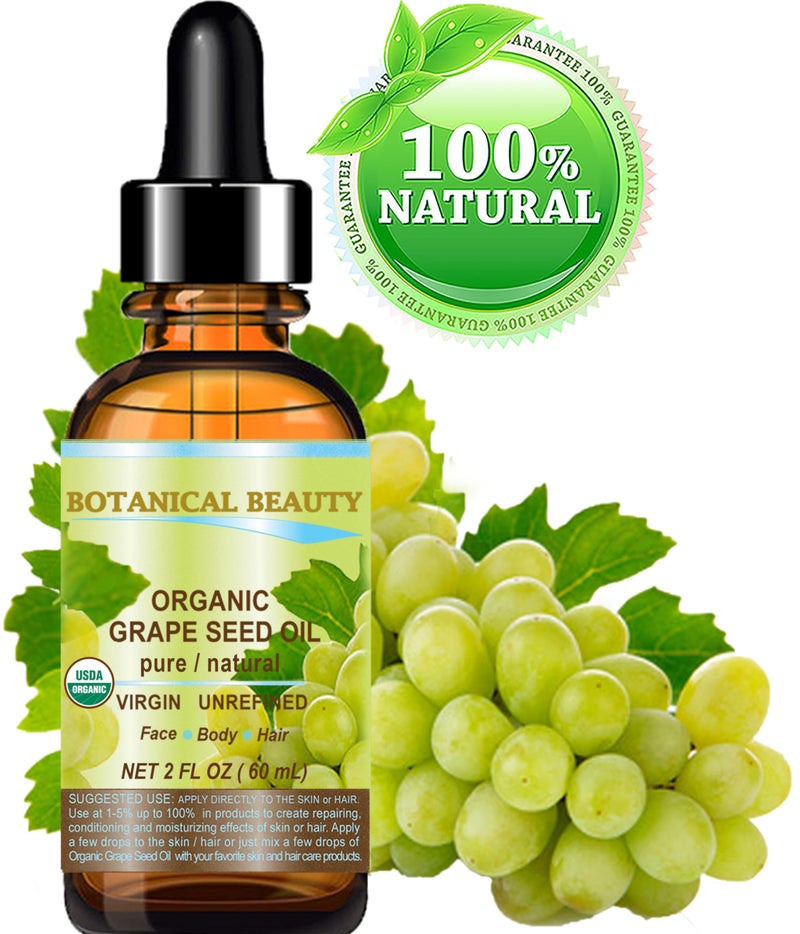 Botanical Beauty Organic GRAPE SEED OIL 100% Pure Natural VIRGIN UNREFINED Cold-Pressed Carrier Oil for Face, Skin, Body, Hair, Lip, Nails, Massage. Rich in Vitamin E (2 Fl Oz) - Image 2