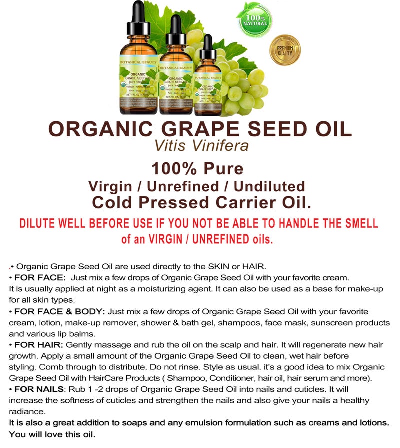 Botanical Beauty Organic GRAPE SEED OIL 100% Pure Natural VIRGIN UNREFINED Cold-Pressed Carrier Oil for Face, Skin, Body, Hair, Lip, Nails, Massage. Rich in Vitamin E (2 Fl Oz) - Image 5