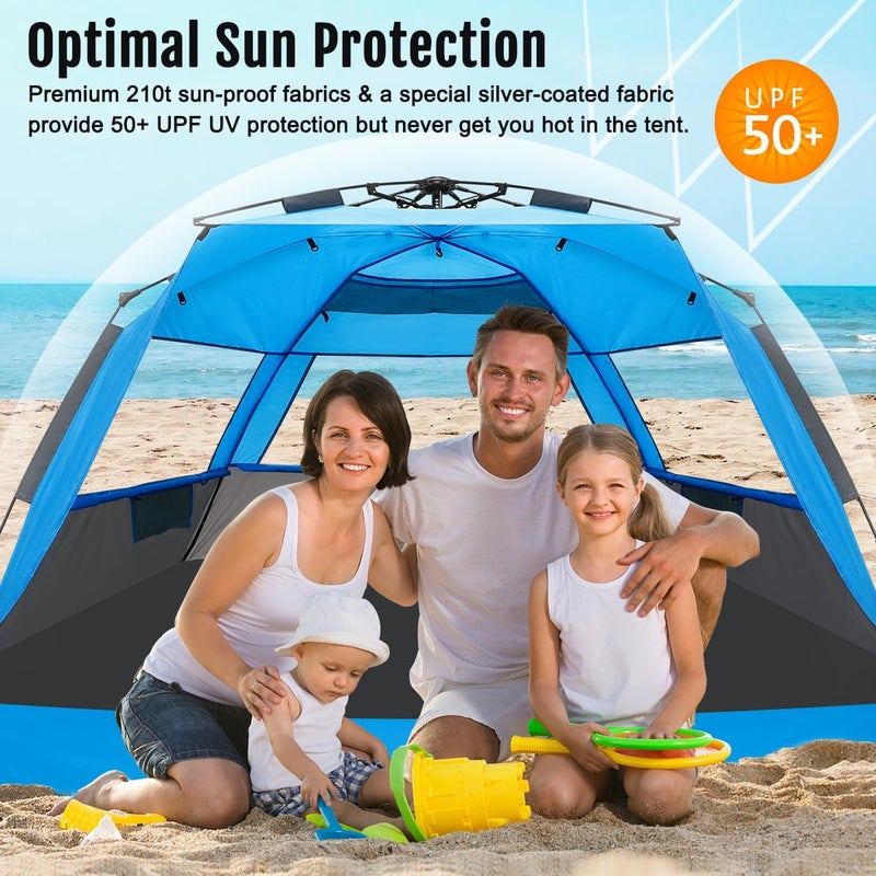 WhiteFang Deluxe XL Pop Up Beach Tent Sun Shade Shelter for 3-4 Person, UV Protection, Extendable Floor with 3 Ventilating Windows Plus Carrying Bag, Stakes, and Guy Lines (Gray Blue) - Image 2