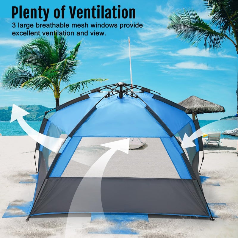 WhiteFang Deluxe XL Pop Up Beach Tent Sun Shade Shelter for 3-4 Person, UV Protection, Extendable Floor with 3 Ventilating Windows Plus Carrying Bag, Stakes, and Guy Lines (Gray Blue) - Image 3