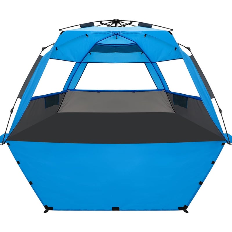 WhiteFang Deluxe XL Pop Up Beach Tent Sun Shade Shelter for 3-4 Person, UV Protection, Extendable Floor with 3 Ventilating Windows Plus Carrying Bag, Stakes, and Guy Lines (Gray Blue) - Image 1