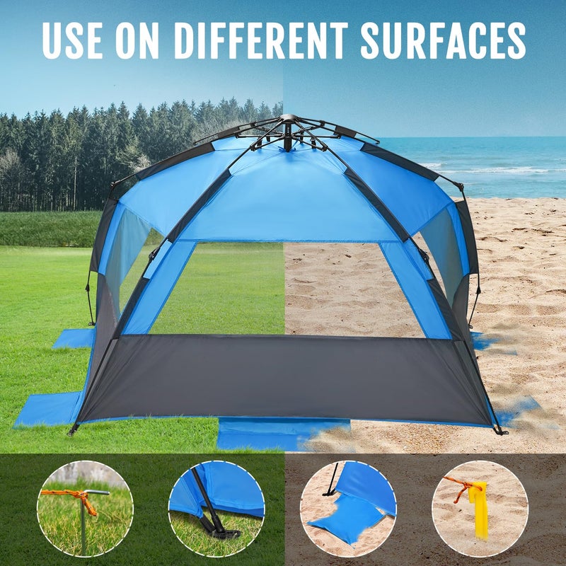 WhiteFang Deluxe XL Pop Up Beach Tent Sun Shade Shelter for 3-4 Person, UV Protection, Extendable Floor with 3 Ventilating Windows Plus Carrying Bag, Stakes, and Guy Lines (Gray Blue) - Image 5