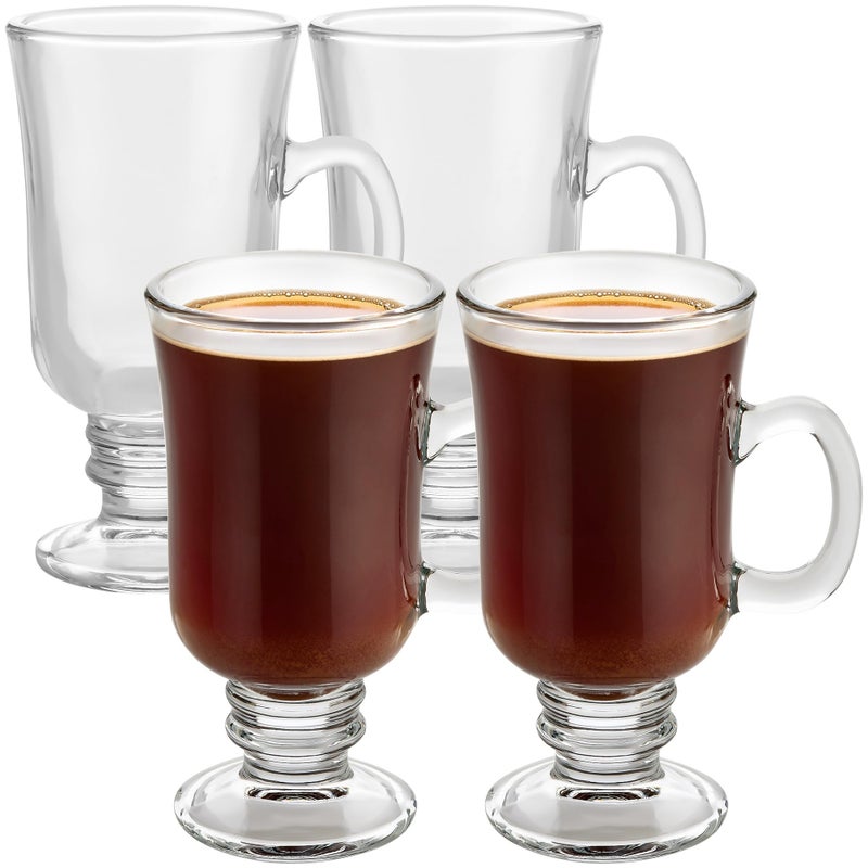 PARNOO Irish Coffee Mugs 8 oz with Handle Footed Stem Base Clear Glasses for Tea Coffee Hot Chocolate Heavy Duty Set of 4