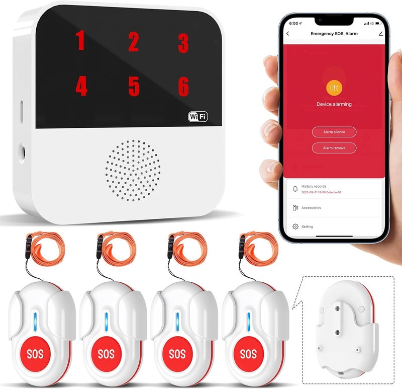 ChunHee Tuya Smart WiFi Emergency Bell for Elderly Disabled Patients 1 SOS Emergency Button 1 Receiver (4 Buttons + 1 Receiver (Rechargeable) - Image 1