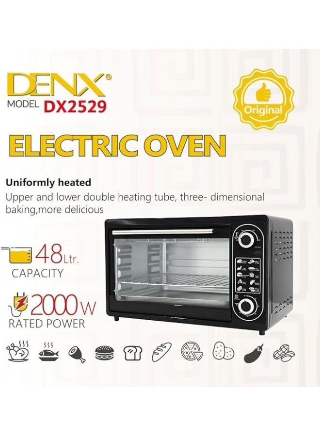 DENX DX2529 Electric Oven 48L – Powerful 2200W Countertop Oven with Rotisserie & Convection, Adjustable Temperature Control, Timer, Multiple Cooking Functions for Baking, Grilling, Roasting & Toasting - Image 2