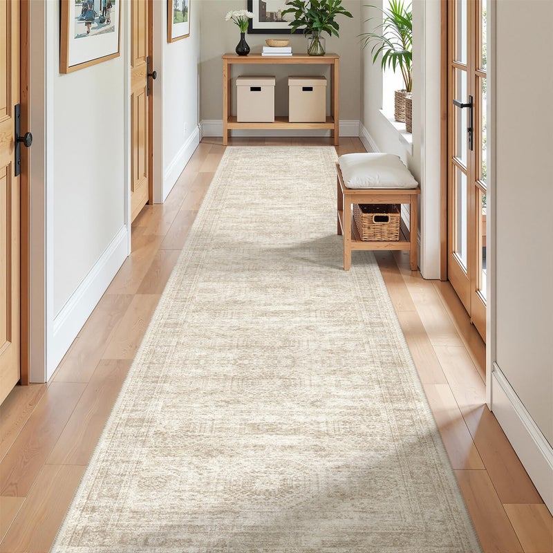 Restydon Long Hallway Runner Rug- Carpet Runners for Hallway 12ft, Anti Slip Backing Washable Rug Runner for Bathroom, Entrance, Living Room, Soft Low Pile Mordern Rug Runner(2'x12', Beige/Ivory) - Image 1