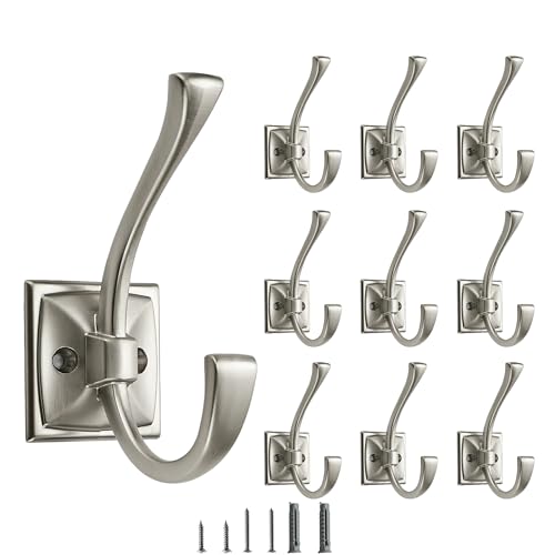 CABDM 10 Pack Decorative Heavy Duty Towel Hooks for Hanging Robe Double Satin Nickel Coat Hooks Wall Mounted with Screws for Key Towel Bags Cup Hat - Image 1