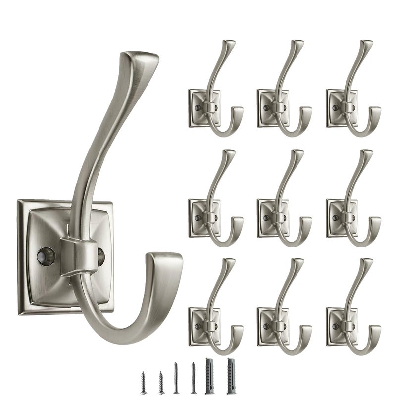 CABDM 10 Pack Decorative Heavy Duty Towel Hooks for Hanging Robe Double Satin Nickel Coat Hooks Wall Mounted with Screws for Key Towel Bags Cup Hat - Image 2