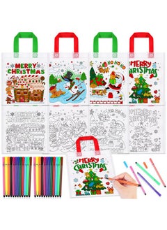 HOWAF HOWAF 12pcs Christmas Coloring Goodie Bags with Paint Pens for Kids, Xmas Santa Coloring Candy Bags HO HO HO Coloring Gift Bags, Merry Christmas Reusable Canvas Bag Party Favors Coloring  - Image 1