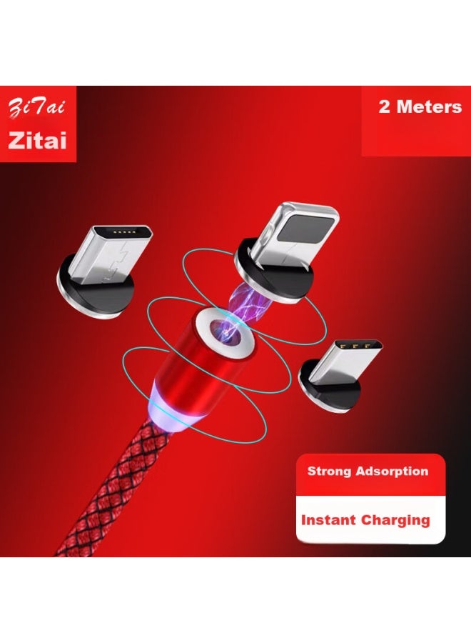 Zitai Magnetic Data Cable 3-in Apple Type-c/android Magnetic Fast Charging Phone Charger Cable For Iphone 14/13/12, Huawei, Xiaomi, Honor, 2 Meters, Red - Image 1