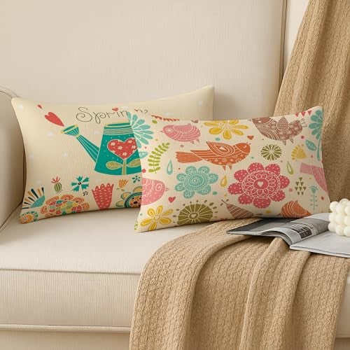 BRICK HOME Set of 2 Polycotton Printed Cushion Covers 12x18 Inches | Spring Floral & Bird Design | Multicolor Pastel on Beige | Soft Decorative Pillow Covers for Sofa, Couch & Living Room - Image 2