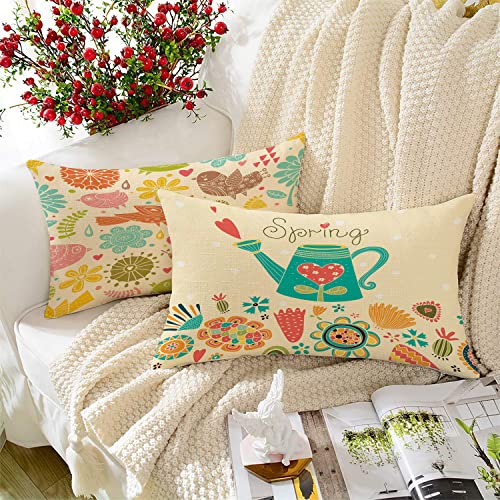 BRICK HOME Set of 2 Polycotton Printed Cushion Covers 12x18 Inches | Spring Floral & Bird Design | Multicolor Pastel on Beige | Soft Decorative Pillow Covers for Sofa, Couch & Living Room - Image 1