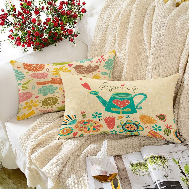 BRICK HOME Set of 2 Polycotton Printed Cushion Covers 12x18 Inches | Spring Floral & Bird Design | Multicolor Pastel on Beige | Soft Decorative Pillow Covers for Sofa, Couch & Living Room - Image 5