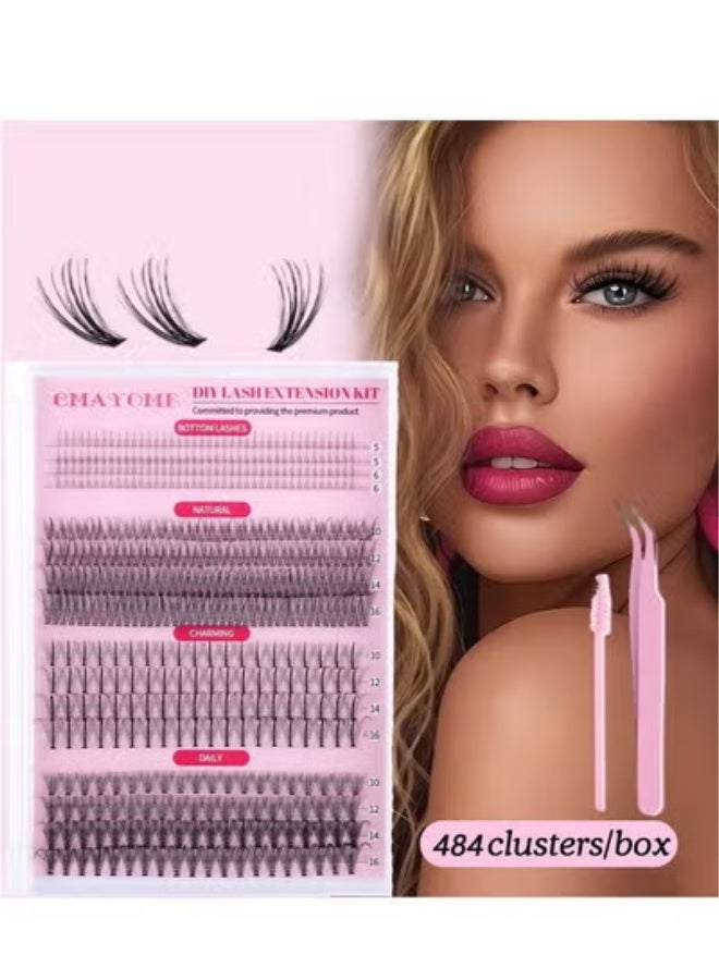 Lash Clusters Kit - 484Pcs Individual Eyelashes Multi-type Mixed Natural Bottom Lashes, Volume Lashes,7D Spikes Fans, 20D Clusters Eyelash Extension Kit - Image 1