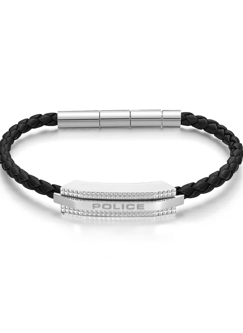 POLICE Gripcord Silver Stainless Steel Black Leather Braided Bracelet for Men